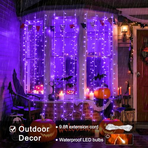 JMEXSUSS 300LED Purple Halloween Lights with Remote, 9.8x9.8ft Curtain Lights Plug in, 8 Modes Hanging String Lights for Indoor, Outdoor, Bedroom, Window, Party, Backdrop, Xmas, Halloween Decorations - color: Purple, size: 300 LED