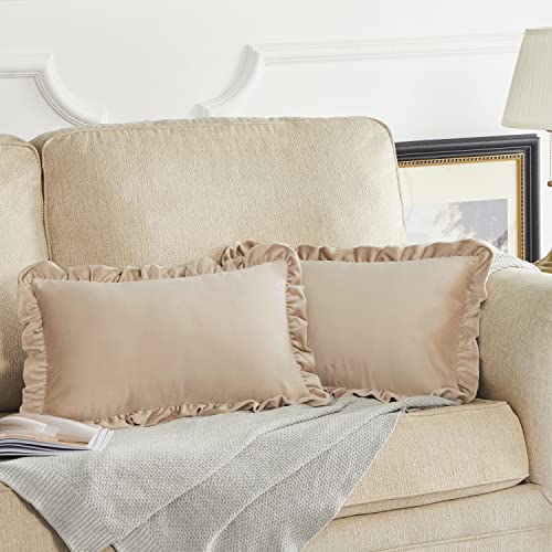 GIGIZAZA Champange Lumbar Throw Pillow Covers, 12x20 Decorative Velvet Ruffle Cushion Pillow Covers for Sofa Couch Set of 2 - color: Champagne, size: 20" x 12" (Pack of 2)
