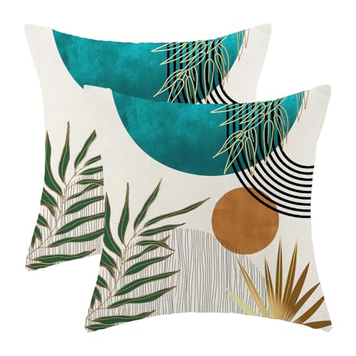 Boho Pillow Covers 16x16 Set of 2 Abstract Teal Green Gold Sunset Throw Pillow Covers Outdoor Decor Mid Century Bohemian Style Tropical Leaf Pillowcase Farmhouse Cushion Case for Sofa Couch - color: Mid-century-teal, size: 16" x 16" (Pack of 2)