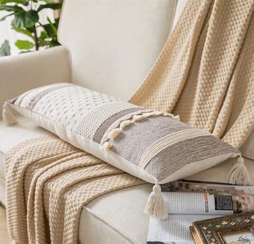 Caflife Boho Lumbar Throw Pillow Cover 14X36 Long Decorative Pillows for Bed, Coffee Beige Woven body Pillow Cover for Farmhouse Chair Sofa Bedroom Living Room Home Decor Couch Cushion Case, Pack of 1 - color: Coffee Beige, size: 36" x 14" (Pack of 1)