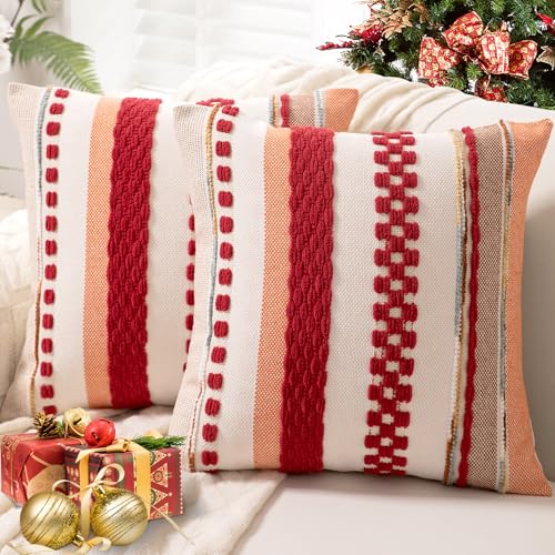 Boho Throw Pillow Covers 18x18 Set of 2 Christmas Decorative Cushion Case Striped Square Pillows Cover Chenille Pillow Cases Accent Neutral Pillowcase for Sofa Couch Bed,Red - color: Red Stripe