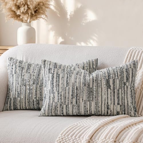 a moment Boho Throw Pillow Covers Set of 2,Striped Decorative Rustic Farmhouse Pillow Cases,Aesthetic Modern Home Decor Couch Cushion Covers for Bed Sofa Living Room 20"X12" Gray White - color: Gray White, size: 20" x 12" (Pack of 2)