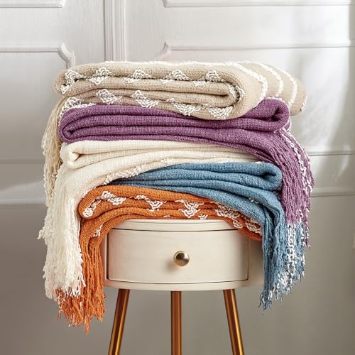 BOURINA Fluffy Chenille Knitted Fringe Throw Blanket Lightweight Soft Cozy for Bed Sofa Chair Throw Blankets, Beige 50" x 60" - color: A-beige, size: 50"×60"