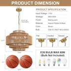 20" Boho Rattan Chandelier Light Fixture,5-Light Hand Woven Wicker Pendant Light Fixture Farmhouse Rustic Hanging Ceiling Light for Kitchen Island Bedroom, Dining Room, Living Room, Entryway - style: Boho-Round-20in