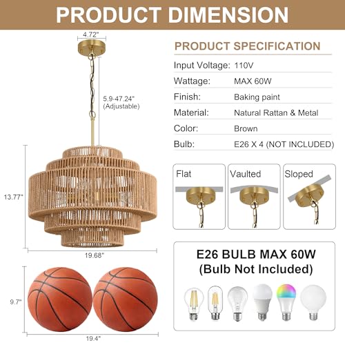20" Boho Rattan Chandelier Light Fixture,5-Light Hand Woven Wicker Pendant Light Fixture Farmhouse Rustic Hanging Ceiling Light for Kitchen Island Bedroom, Dining Room, Living Room, Entryway - style: Boho-Round-20in