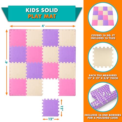 ProSource Baby Play Mat, Soft Foam Floor Tiles for Kids, Interlocking EVA Panels for Playpen Use, Crawling Development Surface, Safe Non-Toxic Toddler Flooring, 16 Tiles, Pink/Purple/Beige - color: Pink/Purple/Beige, size: 16 Tiles