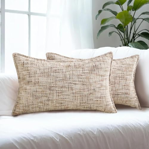 HAUSSY 2 Pack Lumbar Pillow Covers 12x20 Inch, Reversible Chenille Decorative Throw Pillows Farmhouse Neutral Cushion Covers Home Decor Pillowcase for Couch Living Room Sofa Bed(Beige Brown & Pink) - color: Beige Brown, size: 20" x 12" (Pack of 2)