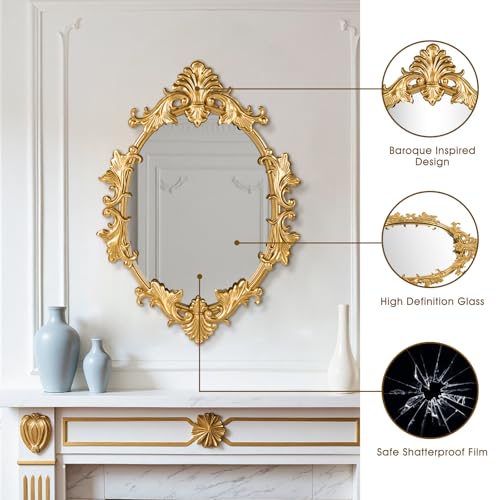 Gold Oval Wall Mirror, 19"x27" Vintage Decorative Baroque Hanging Mirrors for Bedroom, Living Room Dresser Decor, Entryway