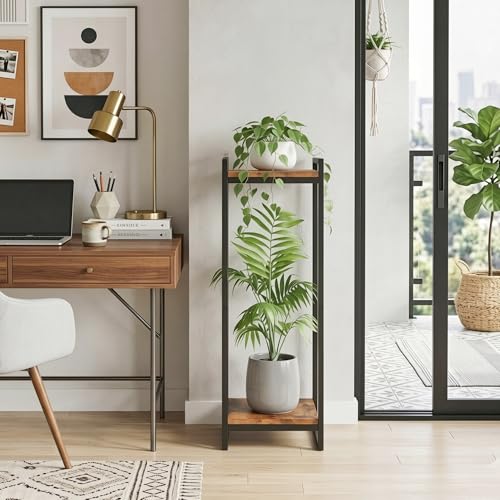 34" Tall Plant Stand Indoor, 2-Tier Modern Plant Shelf Corner Flower Pot Holder Organizer for Living Room Balcony Garden, Rustic Brown