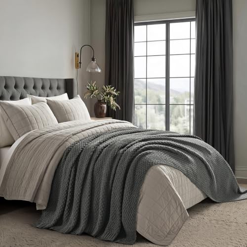 EVERGRACEHOME Chunky Chenille Knit Throw Blanket for Couch, Soft Luxurious Oversized Queen Moss Stitch Blanket for Bed, Cozy Farmhouse Knitted Throw for Sofa, Charcoal Gray, 90" x 90" - color: Charcoal Gray, size: 90" X 90"