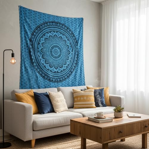 FURNISHFUL FINESSE Hand Block Printed Cotton Mandala Wall Tapestry - Blue Ombre Boho Wall Decor, Bohemian Hippie Room Hanging for Bedroom, Dorm & Living Room Aesthetic- 50X60, Blue - color: Blue, size: 60"L x 50"W