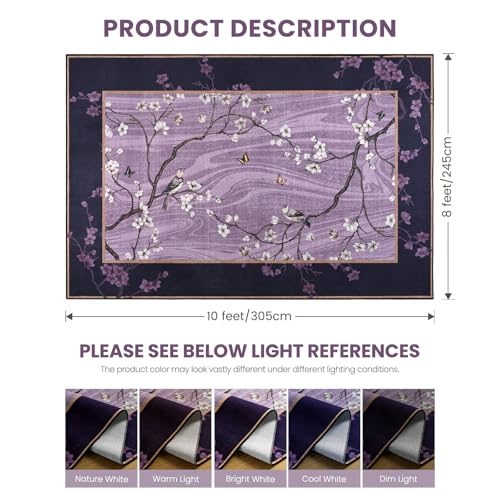 8x10 Area Rugs for Living Room, Oriental Floral Birds Large Washable Rug for Bedroom, Soft Low Pile Non Slip Carpet for Dining Room Kids Room Farmhouse Office Home Decor, Purple - color: Purple, size: 8' x 10' (Rectangular)