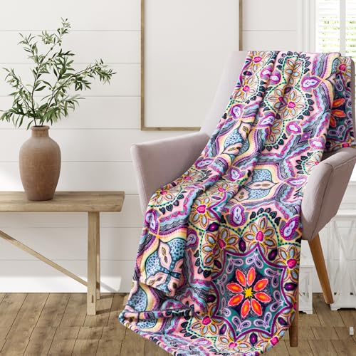 Decorative Luxury Floral Fleece Throw Blanket: Mandala Bohemian Boho Botanical Paisley Damask Velvety Soft, Bright Shades of Purple Pink Yellow White Durable Plush Accent for Bed or Couch, 50" x 70"