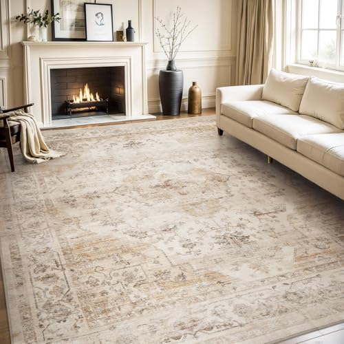 AMOAMI-Area Rug 5X7 Rugs for Living Room-Vintage Soft Beige Rugs for Bedroom-Non Slip Carpet-Machine Washable Rug for Dining Room Living Room Bedroom Office Under Table-Beige - color: Beige, size: 5' X 7' (Rectangular)
