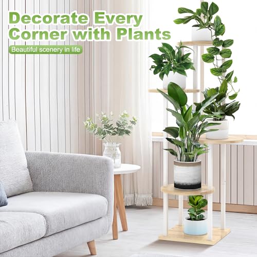5 Tier Wood Tall Plant Stand Metal Rack Indoor, Multiple Flower Pot Holder Shelves Corner Rack, Round Planter Shelf Display Rack Storage Organizer for Patio Living Room Balcony(White+Oak) - color: White+Oak, size: 5 Tier