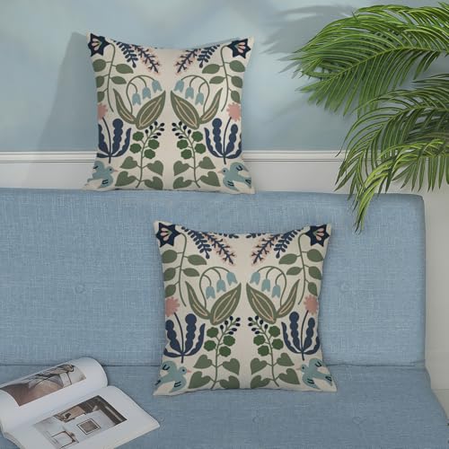 Boho Sage Green Throw Pillow Covers 16x16 Inch 2 Pcs Navy Blue Vintage Floral Decor Pillow Covers Flower Spring Summer Seasonal Outdoor Decorative Pillowcase Linen Cushion Cover for Couch Sofa - color: Blue Green Boho Floral, size: 16" x 16" (Pack of 2)