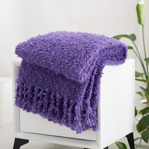 Winter Knit Throw Blanket Fluffy Fuzzy Soft Lightweight Cozy Farmhouse Tassels Chunky Knitted Throws for Couch Sofa Bed (Purple, 50"x60") - color: Purple, size: 50"x60"