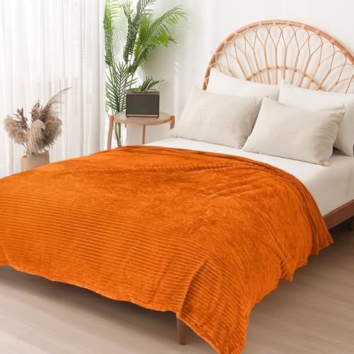 Vessia Flannel Fleece Twin Size Blanket for Bed,Couch,Sofa(60x80inch), 300GSM Microfiber Burnt Orange Striped Bed Blanket for Adults, Super Soft Warm Cozy Lightweight Ribbed Decor for All-Season - color: Burnt Orange, size: 60x80 inch