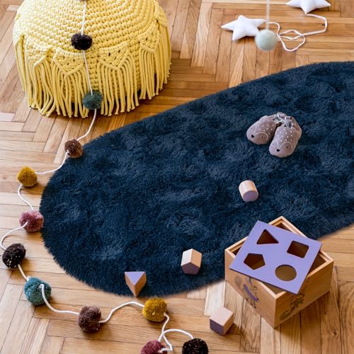 Goideal Fluffy Bedroom Rug, Small Oval Area Rugs, Navy Blue Shag Bedside Carpet for Kids Room Nursery Dorm Cute Fuzzy Indoor Decor for Boy and Girl, 2.6 x 5.3 Feet - color: Navy Blue