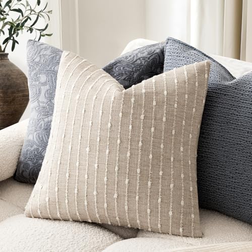 Foindtower Pack of 2 Decorative Jacquard Boucle Throw Pillow Covers Accent Textured Striped Pillowcases Soft Boho Modern Cushion for Couch Sofa Bedroom Living Room Home Decor 20x20 Inch Natural Beige - color: Natural Beige, size: 20" x 20" (Pack of 2)
