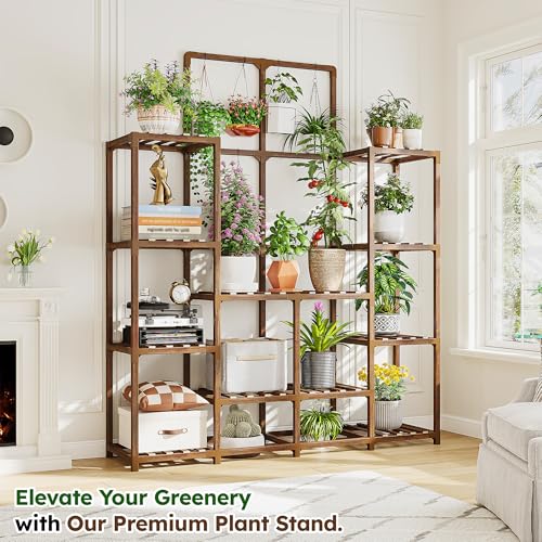 EnHomee Plant Stand Indoor Wood Plant Stand Outdoor Tiered Plant Shelf for Multiple 16-21 Potted Plants for Living Room Patio Balcony Yard Garden 44.9" W x 11.8" D x 62.2" H