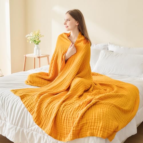 EMME Cotton Throw Blanket for Couch Mustard Yellow Soft Muslin Blankets 50"x60" Lightweight Breathable - color: 15 - Mustard Yellow, size: Throw (50" x 60")