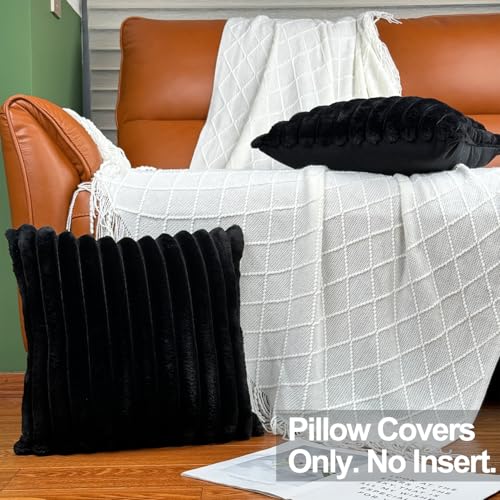 16x16 Throw Pillow Covers Set of 2, Decorative Faux Fur Covers for Bed, Couch Soft Fluffy Pillow Cover with Velvet Back for Living Room, Neutral Home Décor Accent for Sofa - Black - color: Black, size: 16" x 16" (Pack of 2)