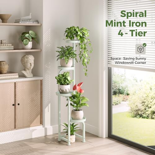 Bamworld Corner Plant Stand Indoor Outdoor, Tall Metal Flower Pot Stands for Multiple Plants, 4 Tier Mint Green Heavy Duty Plant Shelf for Patio Garden Balcony Living Room Bedroom(Patent Design) - color: Mint Green, style: Spiral 4Tier