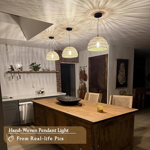 2 Pack Hemp Rope Woven Pendant Light Woven Light Fixture Boho Chandelier Light Fixture Wicker Pendant Lights Rattan Dome Wicker Chandelier for Dining Room Kitchen Island (Bulb Incl. - color: 12.2" Natural 2-Pack