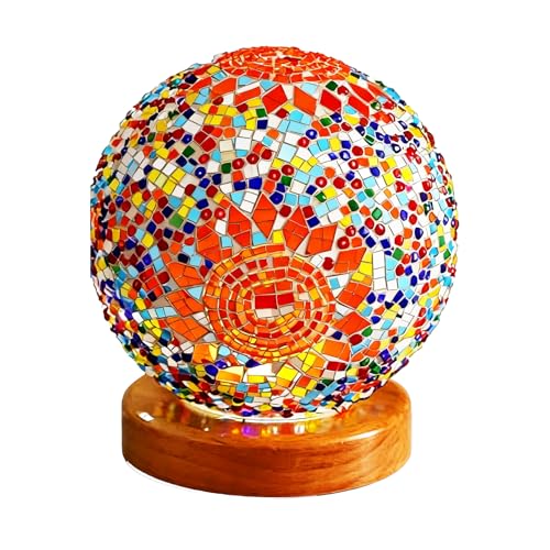 Vintage Turkish Night Lights Mosaic Glass Lamps with Wooden Base 5V Bohemian Bedside Lamp Ramadan/Eid Decorations Yoga & Meditation Lamp Holiday Gathering Decor (Boho-Orange, Boho) - style: European