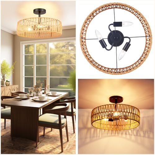 Hamilyeah Boho Woven Flush Mount Ceiling Light Fixture, 16 inch Rattan Light Fixture Ceiling Mount for Living Room, Bedroom, Kitchen - color: Black 16INCH Semi Ceiling Light