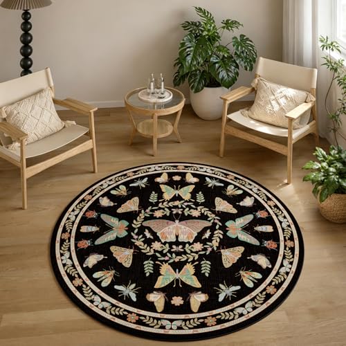 Unirea 4FT Bug Round Black Insect Circle Rug, Washable Non Slip Area Rug for Entryway, Kitchen, Bedroom, Bathroom, Nursery, Living Room, Thin Soft Circular Rugs Indoor Décor, Low Pile Carpet - color: Black, size: 4x4 Feet