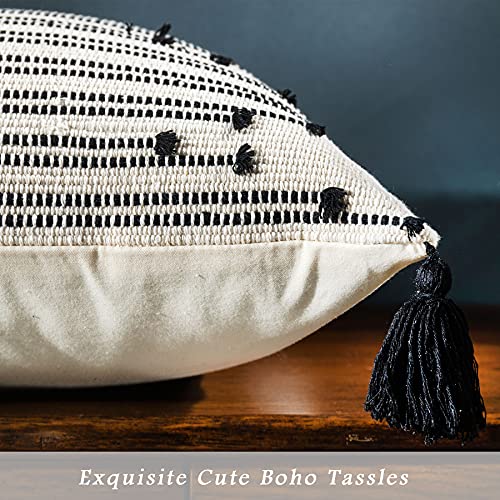 LIGICKY Boho Lumbar Pillow Covers Decorative Woven Tassel Throw Pillows Rectangle Pillow Sham Black and Off White Pillowcase for Couch Sofa Bed Car 12x20 Inch - color: Black Stripe, size: 20" x 12" (Pack of 1)