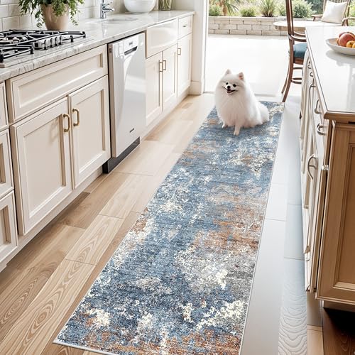 2x8 Washable Non-Slip Hallway Runner Rug – Modern Coastal Abstract Neutral Stain-Resistant Low-Pile Carpet Runner for Kitchen Entryway Bedroom Bathroom (Blue Rust,2x8) - color: Blue Rust, size: 2' x 8' (Rectangular)