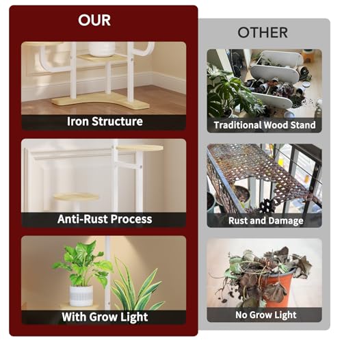 Homsorout Corner Plant Stand with Grow Light - 6 Tier Plant Stand Indoor Round Metal Plant Shelf with Adjustable Light, Plant Organizer for Living Room, Graden, Home Decor (Maple) - color: Maple & Round