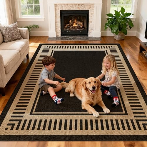 Washable Striped Easy Jute Rug 5x7, Modern Geometric Outdoor Indoor Patio Farmhouse Large Bordered Rugs, Woven Non Slip Thin Carpet Mat for Living Dining Room Bedroom Classroom Kids Nursery - color: Striped Black, size: 5' x 7'