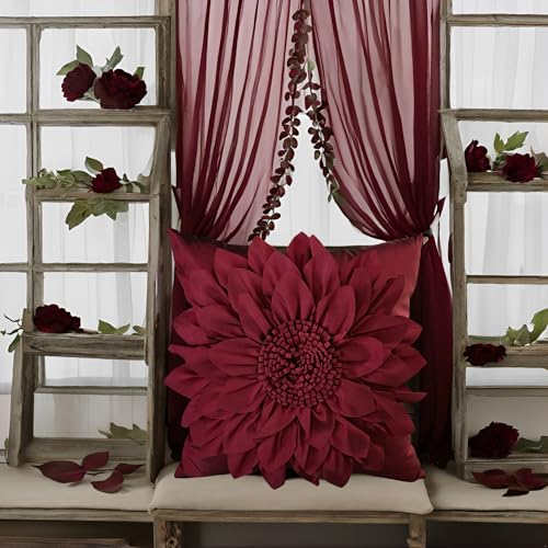 Bella's Giftshop 3D Sunflower Decorative Throw Pillow Covers for Bed Sofa Couch Car, Accent Floral Taffeta Cushion Cover, Handmade Pillow Cases Living Room Decor, 17x17 Inch-Burgundy - color: Burgundy