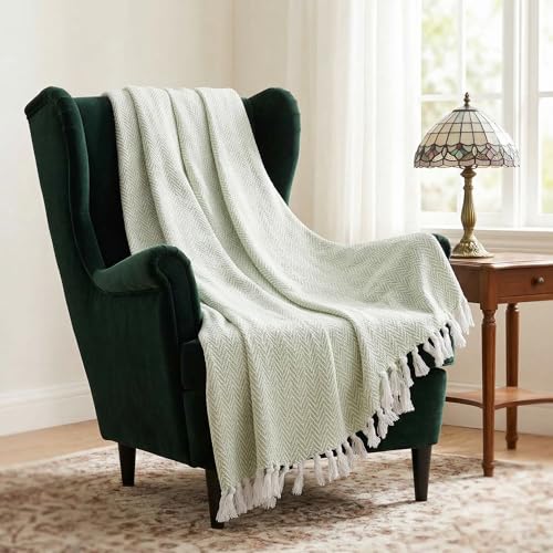 Americanflat 50x60 Throw Blanket - Soft and Breathable Cotton Throw Blanket for Couch, Bed, Chair - Decorative Blankets Perfect for Home or Outdoor Use - Light Green and White Herringbone Design - color: Zaina Seafoam and White Herringbone