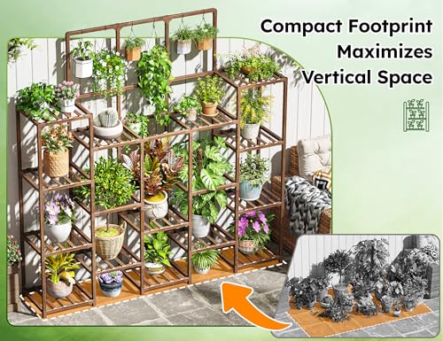 EnHomee Tall Plant Stand, 14 Tiers Indoor Plant Stand for Multiple Plants Pot, Wood Plants Shelves for Living Room, Patio, Balcony, Yard, Garden, 11.8''D×56''W×63''H