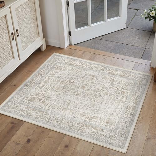 PureCozy Taupe Entryway Area Rug 2x3 Door Mat Machine Washable Kitchen Vintage Distressed Non Slip Carpet Indoor Retro Floral Accent Throw Small Rug for Bathroom Office Bedroom Dining Living Room - color: Accent | Taupe Multi, size: 2' x 3' (Rectangular)
