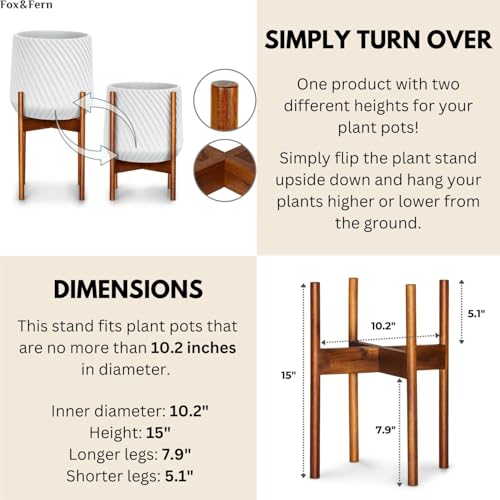 Fox & Fern Mid Century Plant Stand — 10 Inch Fixed Size Wooden Plant Stand for Indoor Planters (Not Included) - Raised Flower Pot Holder for Indoors - Plug In Design - Two Height Options - Acacia - color: Acacia, size: 10 Inch - Fixed