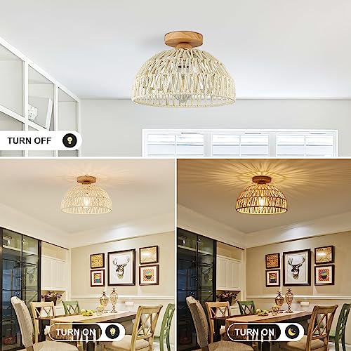 Boho Ceiling Light Fixture Rattan Flush Mount Ceiling Light Bedroom Chandelier Hand-Woven Lamp Shade Wooden Base Small Chandelier Boho Ceilings Lamp for Hallway Nursery Kitchen - color: Cream white-Ceiling light