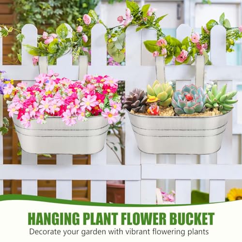 OBTANIM 4 Pack Metal Hanging Flower Pots Iron Railing Planter Outdoor Fence Hanging Pots Bucket Plant Holder with Detachable Hooks Drain Holes for Home Garden Yard Decor (White) - color: White