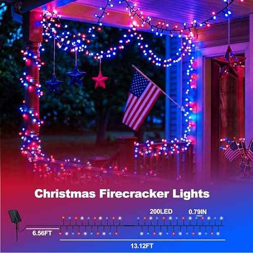 200LED Red White and Blue Lights Outdoor, 20ft 4th of July Decorations Solar String Lights with 8 Modes, Patriotic Solar Light Waterproof for Independence Day Memorial Day Home Garden Party Yard Decor - color: Red White Blue, size: 200LED*1pc-solar