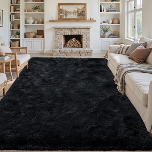 8x10ft Black Fuzzy Plush Living Room Rugs,Large Soft Fluffy Bedroom Area Rugs Non-Slip Shaggy Carpet for Nursery Kids PlayRoom Dorm Office Indoor Modern Carpets - color: A-black, size: 8' X 10' (Rectangular)