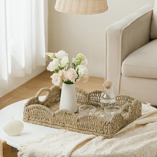 Wicker Tray, Handwoven Woven Tray with Handles and Scalloped Edge, Rectangle Wicker Basket for Home Decor and Organizing, 17.3" L x 13.4" W x 3.6" H - color: Seagrass-scalloped, size: 17.3" x 13.4" x 3.6"
