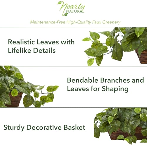 Nearly Natural 34in Artificial Pothos Ivy Plant with Ledge Basket Faux Trailing Cascading Greenery for Indoor Home Decor
