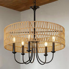 24 Inch Farmhouse Rattan Chandelier, Hand-Woven Boho Pendant Light Fixture with Black Metal Frame, Rustic Hanging Ceiling Lighting for Dining Room, Kitchen Island, Living Room, Bedroom - color: Rattan B