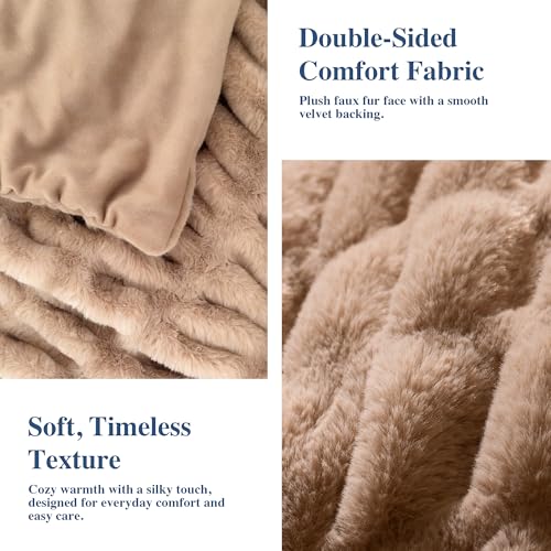 Faux Rabbit Fur Throw Blanket, Soft Plush Cozy Blanket for Couch Bed, Thick Fluffy Ruched Decorative Blanket,Giftable,60"x80",Light Brown - color: Light Brown, size: Twin(60"x80")