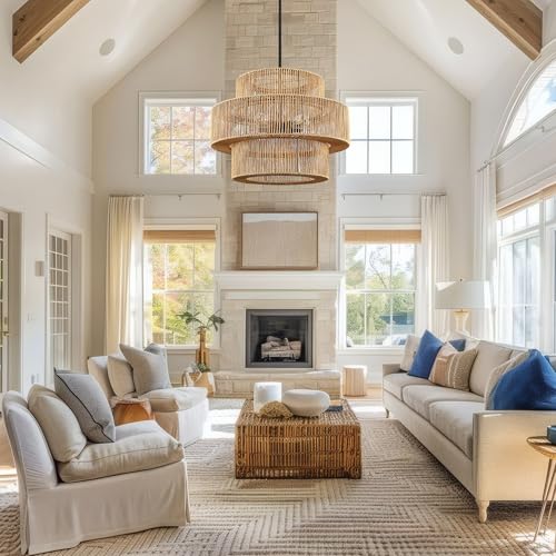 25.59" Large Hand-Woven Rattan Chandelier, 6 Lights Farmhouse Boho Chandelier Light Fixtures, Rustic Bamboo Wicker Chandeliers for Dining Room, Kitchen Island, Living Room, Stairway - color: Beige, size: 25.59 Inch